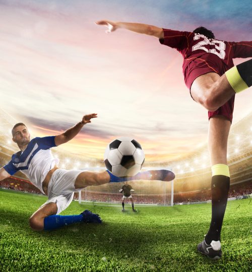 Football scene with competing football players at the stadium. 3D Rendering